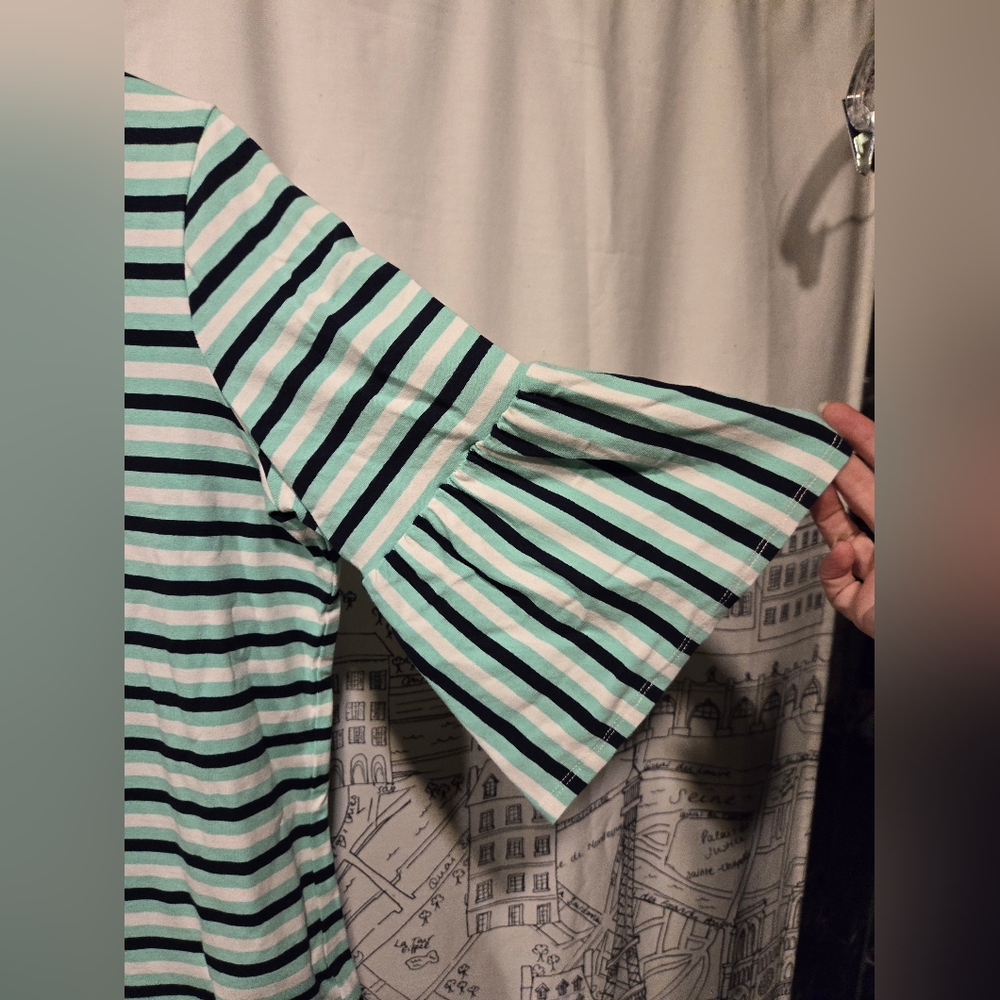 NWOT Women's Ruby Rd Striped Bell Sleeve Top Teal Black White Size Medium - Picture 3 of 10